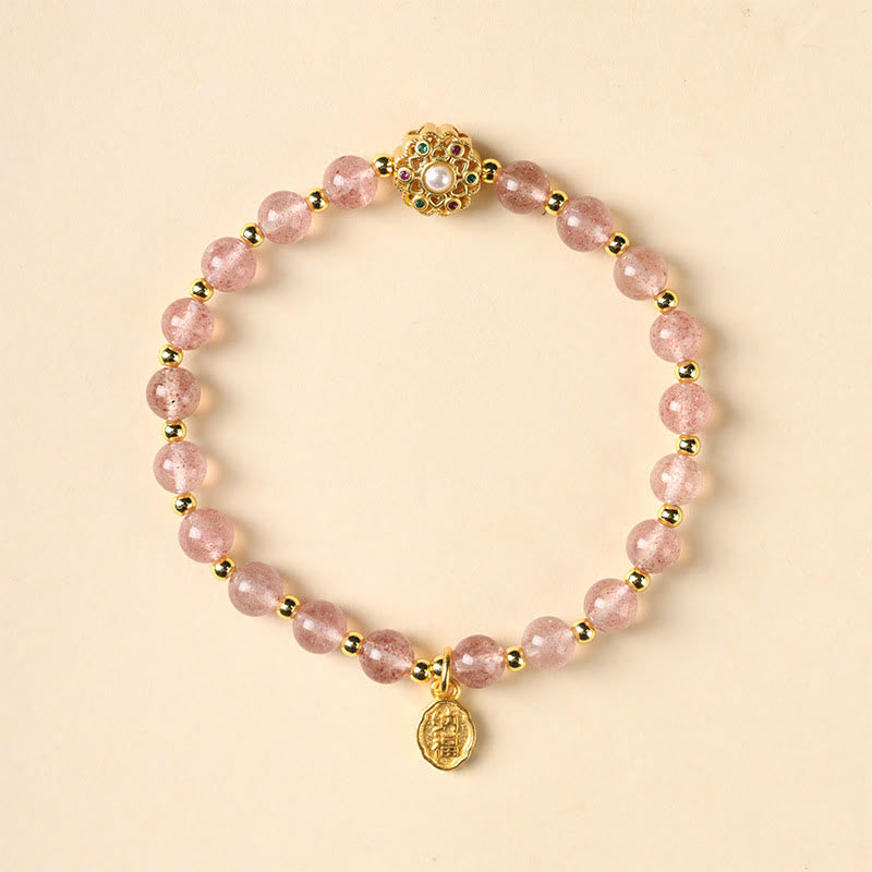Karma Stone 14K Gold Plated Natural Strawberry Quartz Labradorite Sun Stone Fu Character Positive Charm Bracelet