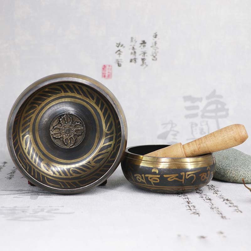 Karma Stone Tibetan Meditation Bowl for Healing and Mindfulness Om Mani Padme Hum Singing Bowl