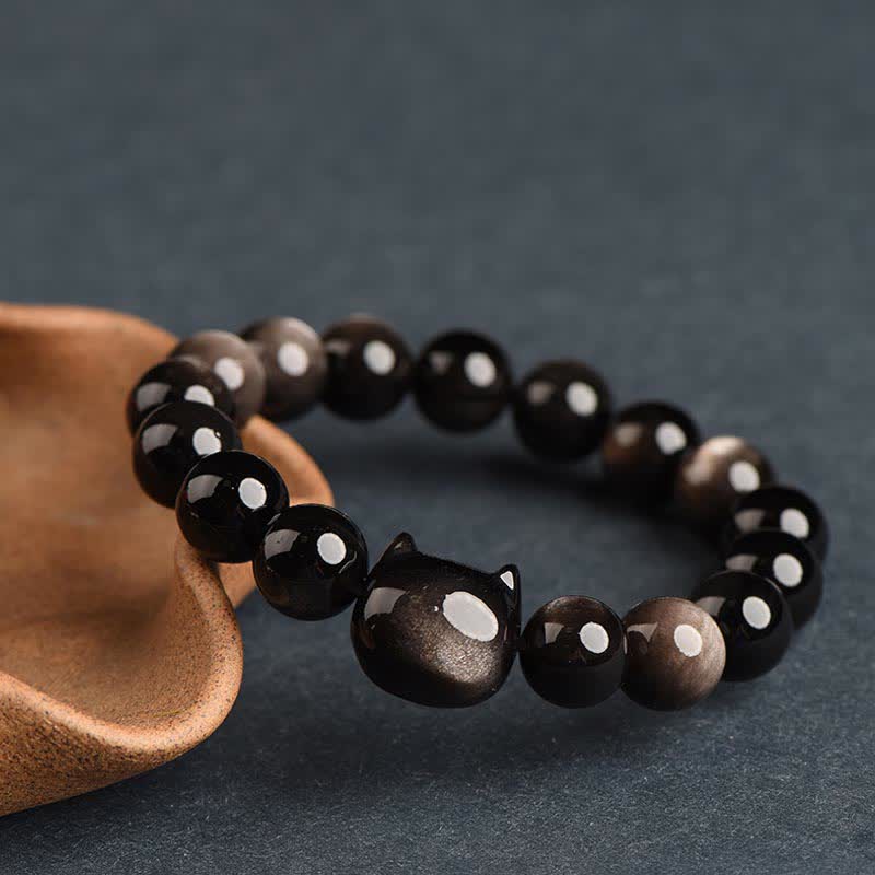 Karma Stone Gold Sheen Obsidian Silver Sheen Obsidian Lovely Paw Lucky Cat Protection Bracelet