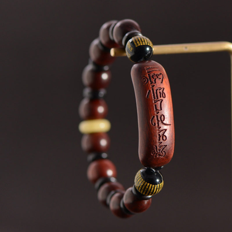 Karma Stone Small Leaf Red Sandalwood Om Mani Padme Hum Engraved Protection Bracelet