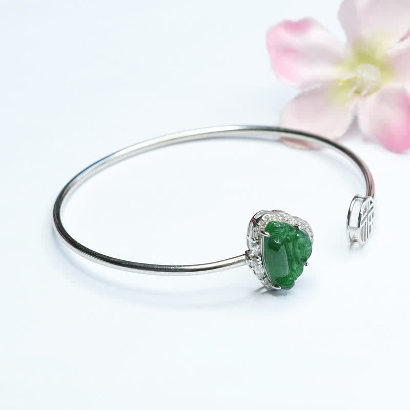 Karma Stone 925 Sterling Silver Laughing Buddha Jade Luck Bracelet Bangle