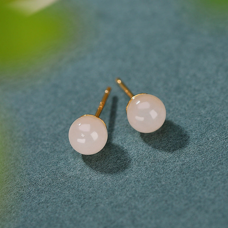 Karma Stone 925 Sterling Silver Round White Jade Blessing Stud Earrings