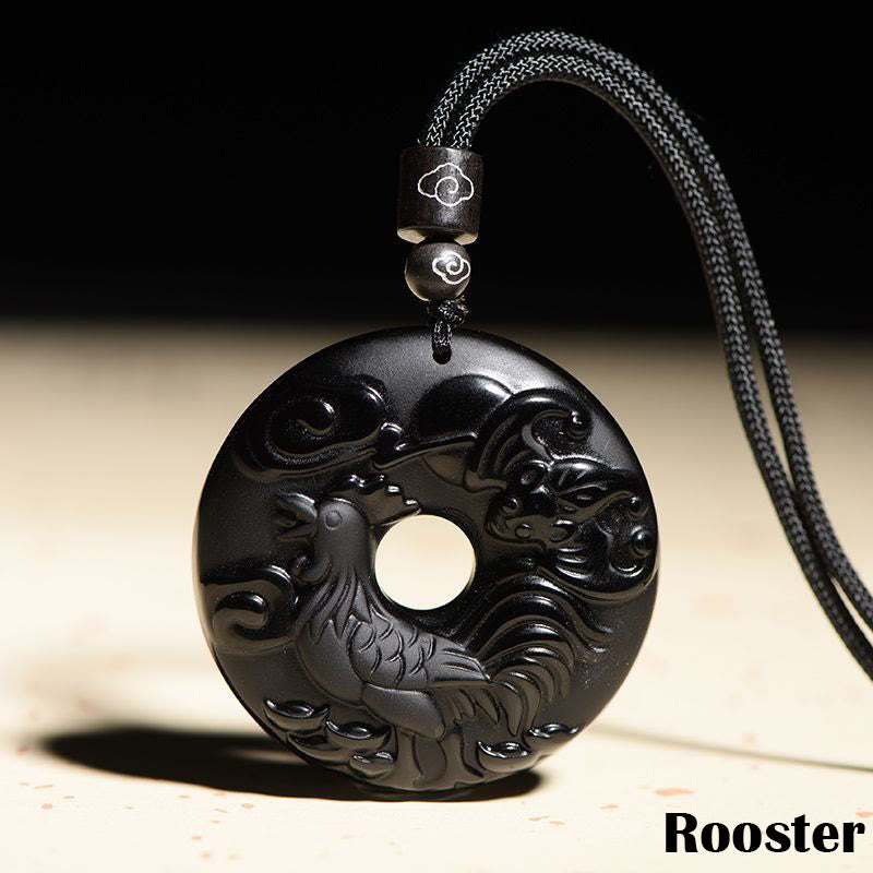 Karma Stone Chinese Zodiac Natural Black Obsidian Peace Buckle Strength Necklace Pendant