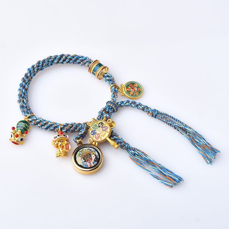 Karma Stone Tibetan Zakiram Goddess of Wealth Thangka Luck Prayer Wheel Braid String Bracelet