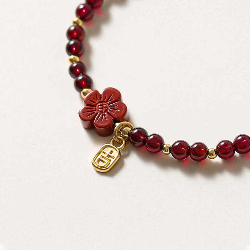 Karma Stone 14K Gold Natural Garnet Cinnabar Flower Calm Bracelet