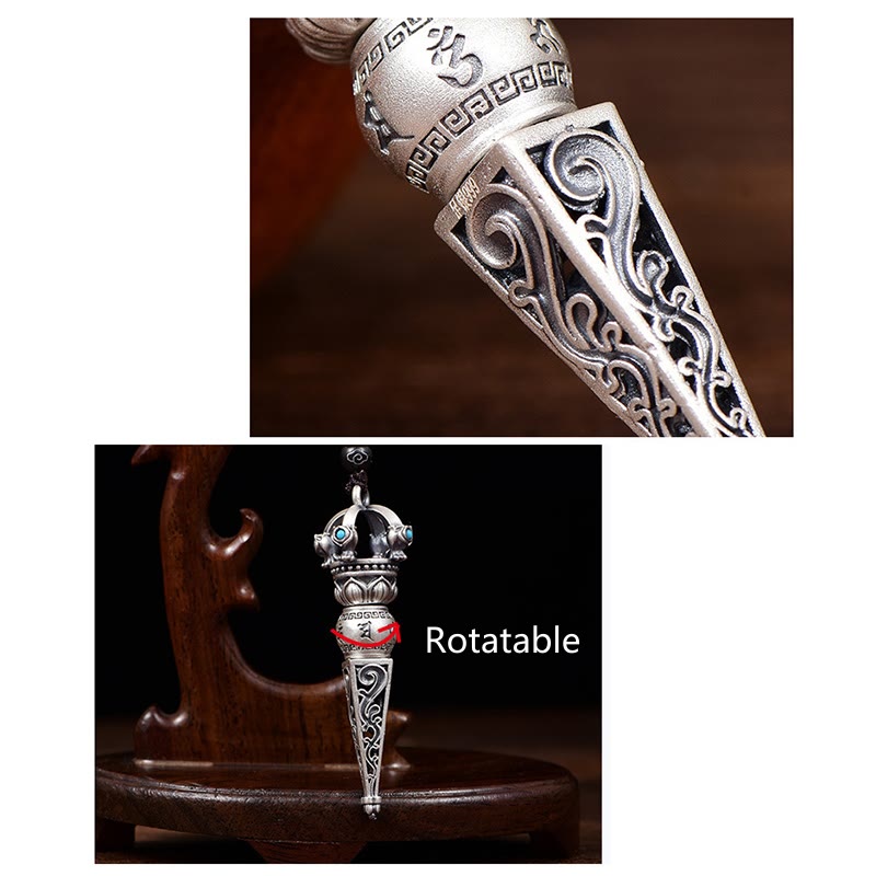 Karma Stone Tibetan Om Mani Padme Hum Dorje Vajra Design Wisdom Rotatable Necklace Pendant