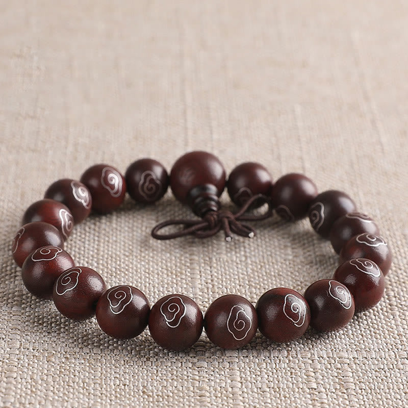 Karma Stone 925 Sterling Silver Inlaid Small Leaf Red Sandalwood Om Mani Padme Hum Character Auspicious Clouds Protection Bracelet
