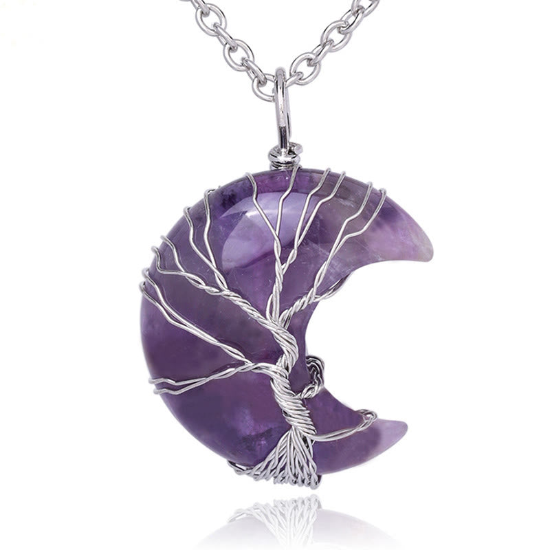 Karma Stone Natural Quartz Crystal Moon Tree Of Life Healing Energy Necklace Pendant