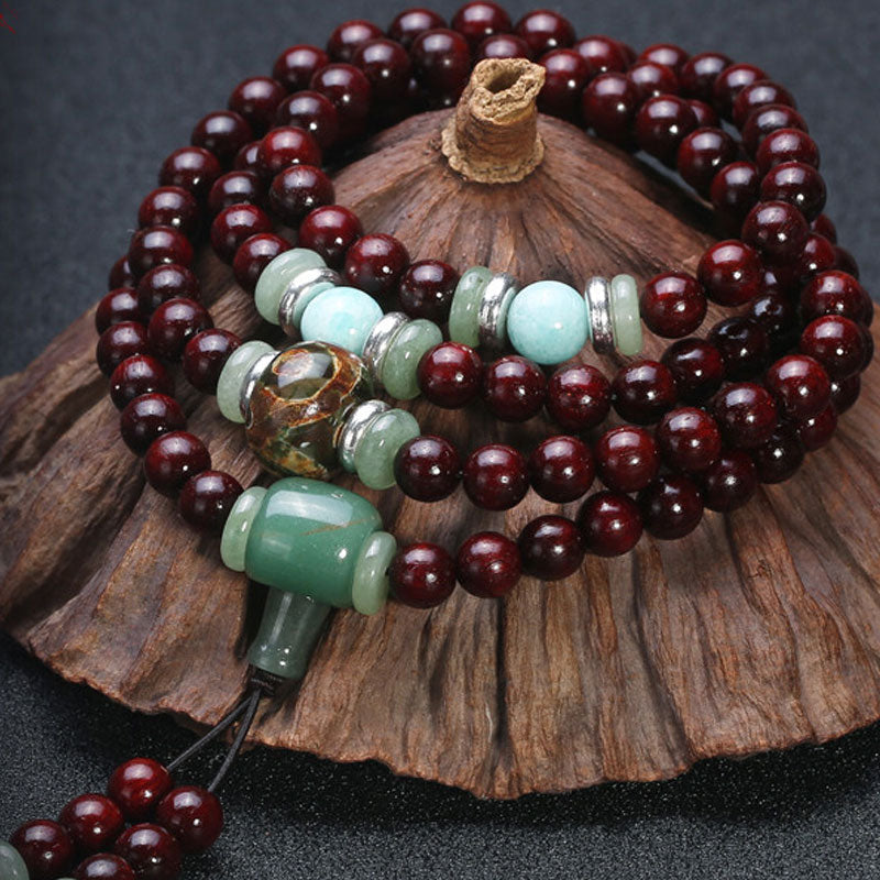 Karma Stone 108 Beads Small Leaf Red Sandalwood Green Aventurine Amazonite Luck Healing Bracelet Mala