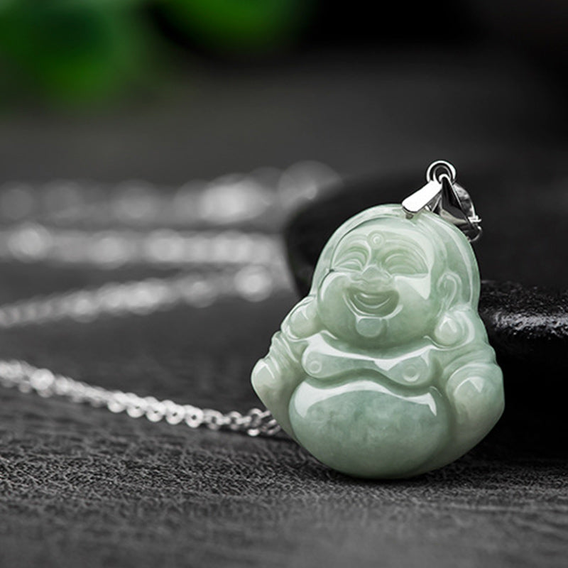 Karma Stone 925 Sterling Silver Laughing Buddha Jade Blessing Necklace Chain Pendant