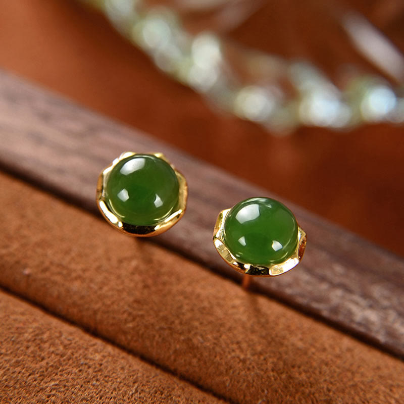 Karma Stone 925 Sterling Silver Plated Gold Natural Hetian Cyan Jade Bead Luck Stud Earrings