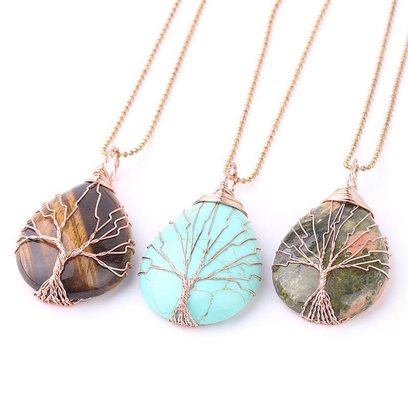 Karma Stone Natural Quartz Crystal Tree Of Life Healing Energy Necklace Pendant