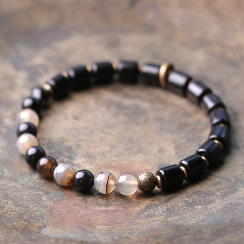 Karma Stone Ebony Wood Red Jasper Moss Agate Crystal Copper Peace Couple Bracelet