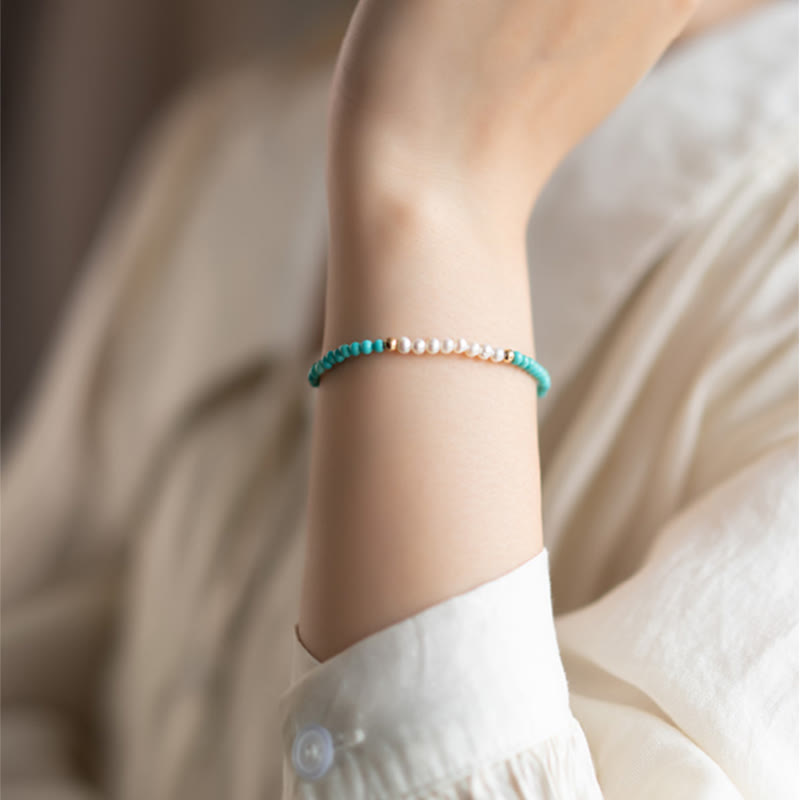 Karma Stone 925 Sterling Silver Natural Turquoise Pearl Beaded Bracelet