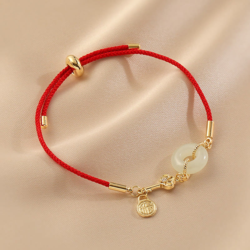 Karma Stone 18K Gold Plated Hetian Jade Peace Buckle Fu Character Luck Red Rope Bracelet
