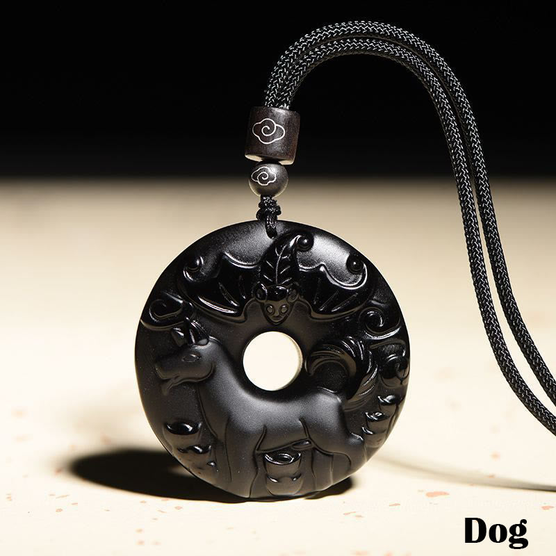 Karma Stone Chinese Zodiac Natural Black Obsidian Peace Buckle Strength Necklace Pendant
