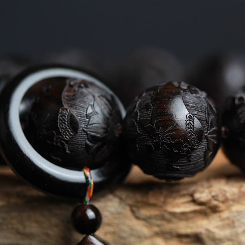 Karma Stone Ebony Wood Chinese Character Yin Yang Engraved Gourd Balance Bracelet