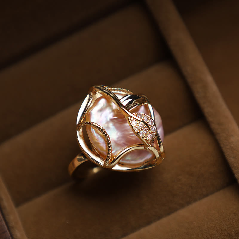 Karma Stone Pearl Copper Plated Gold Flower Happiness Wealth Ring