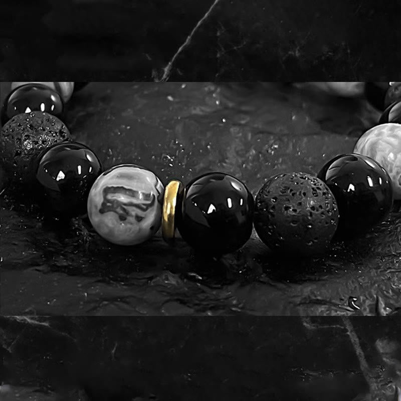 Karma Stone Black Obsidian Lava Rock Stone Yin Yang Strength Bracelet
