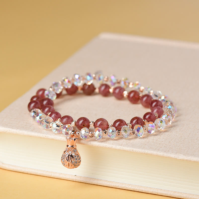 Karma Stone Strawberry Quartz White Crystal Money Bag Charm Positive Bracelet