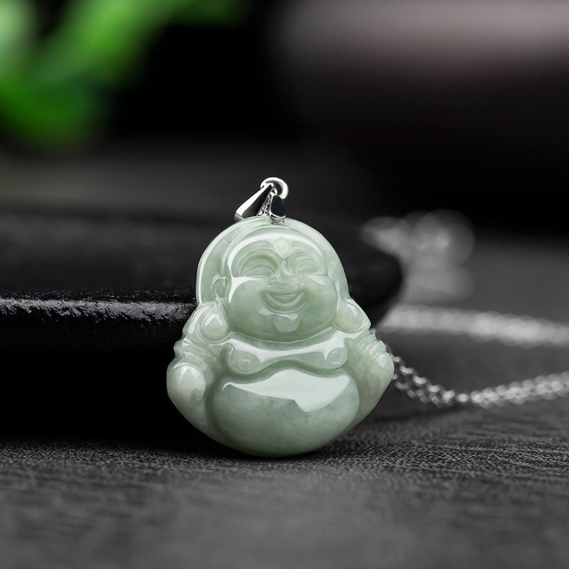 Karma Stone 925 Sterling Silver Laughing Buddha Jade Blessing Necklace Chain Pendant