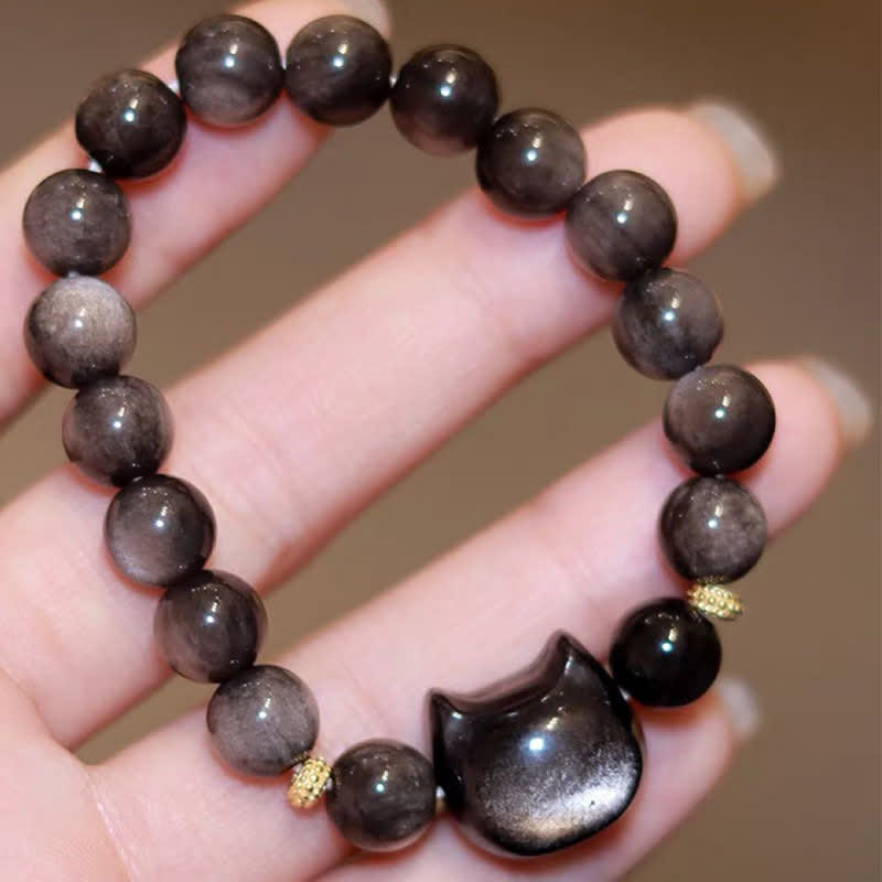 Karma Stone Gold Sheen Obsidian Silver Sheen Obsidian Lovely Paw Lucky Cat Protection Bracelet