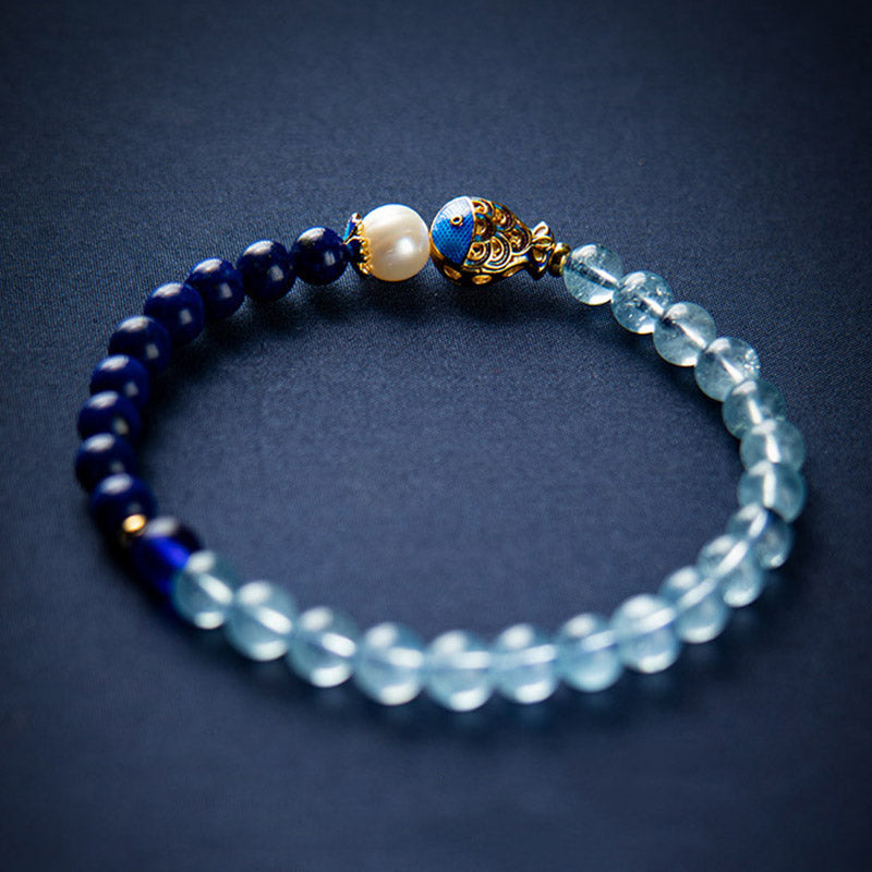 Karma Stone Natural Aquamarine Lazurite Fish Healing Bracelet