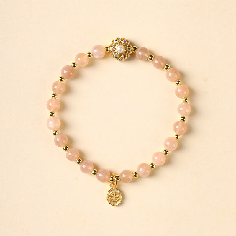 Karma Stone 14K Gold Plated Natural Strawberry Quartz Labradorite Sun Stone Fu Character Positive Charm Bracelet