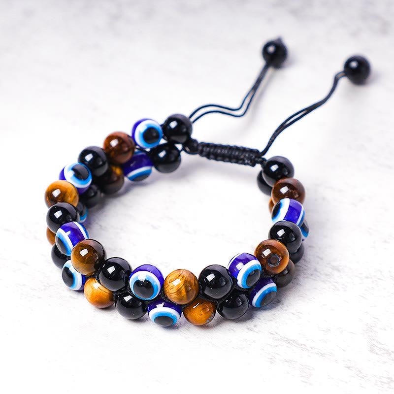 Karma Stone Evil Eye Hematite Tiger Eye Protection Beaded Bracelet