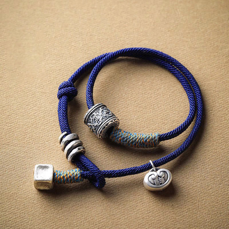 Karma Stone Handmade Tibetan Om Mani Padme Hum Carved Auspicious Amulet Double Wrap Rope Bracelet