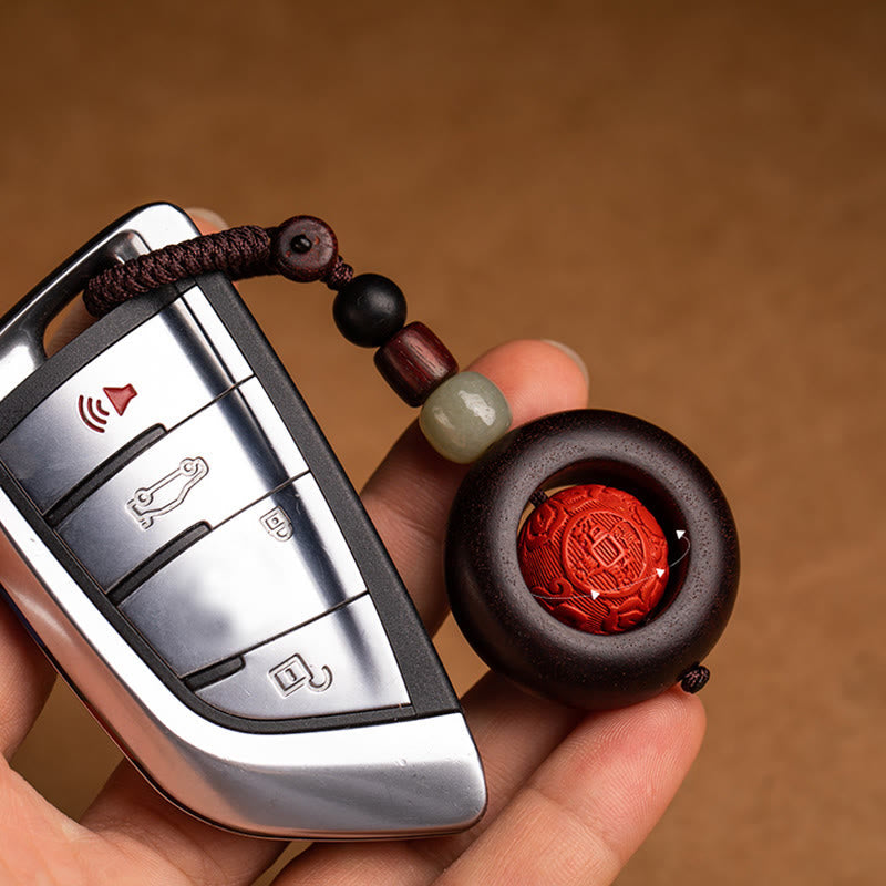Karma Stone Tibet Om Mani Padme Hum PiXiu Copper Coin Small Leaf Red Sandalwood Cinnabar Protection Key Chain