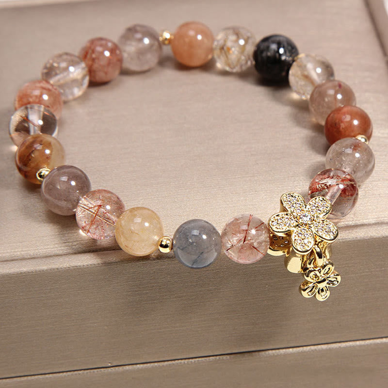 Karma Stone Multicolored Rutilated Quartz Citrine Wealth Protection Flower Bracelet