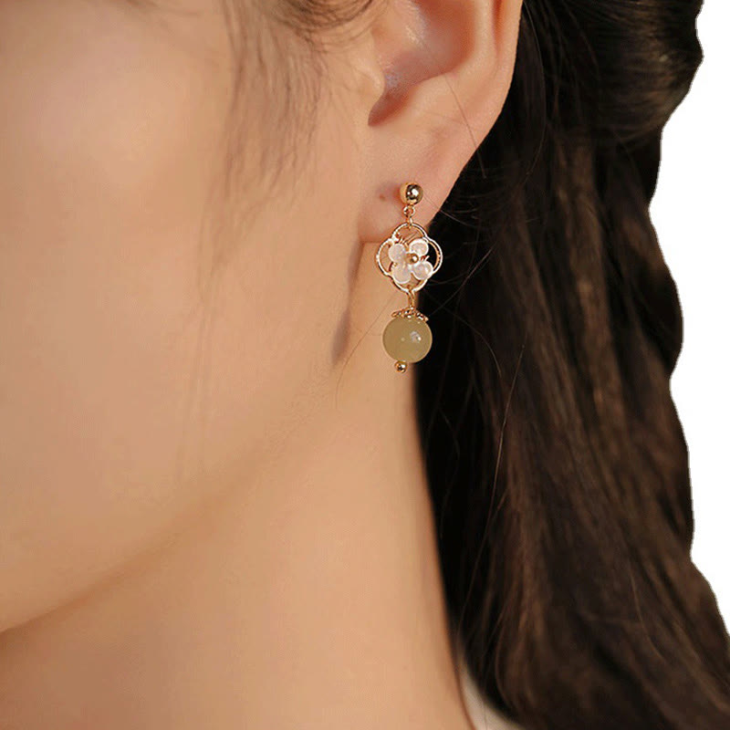 Karma Stone Tridacna Stone Flower Jade Bead Blessing Drop Earrings