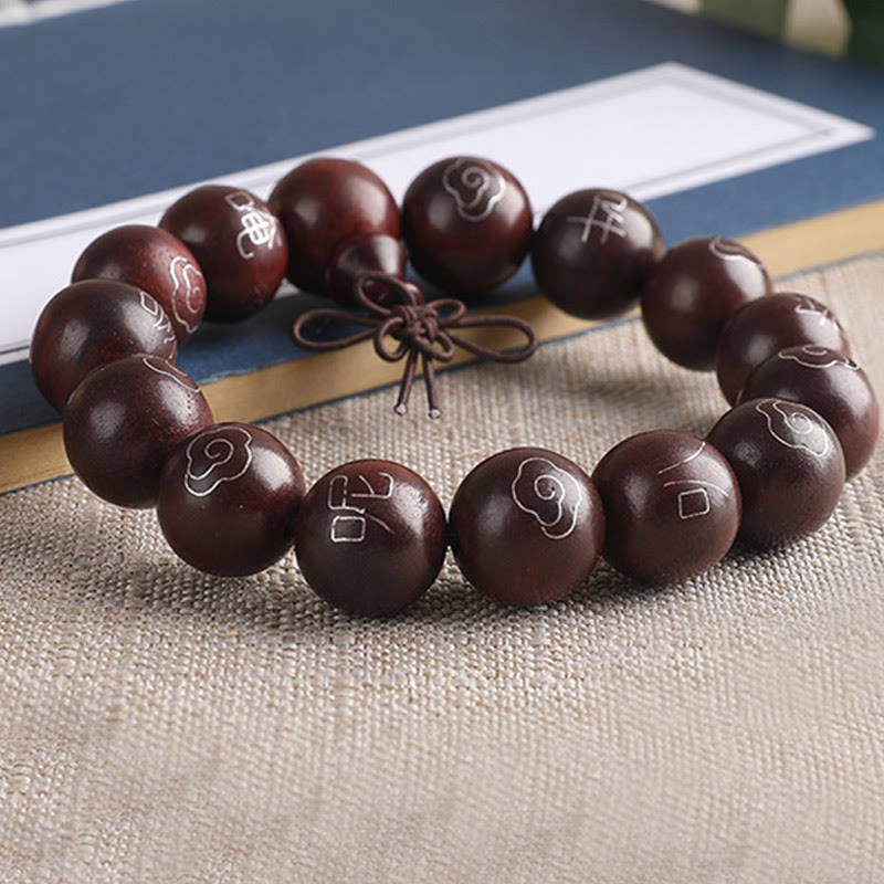 Karma Stone 925 Sterling Silver Inlaid Small Leaf Red Sandalwood Om Mani Padme Hum Character Auspicious Clouds Protection Bracelet