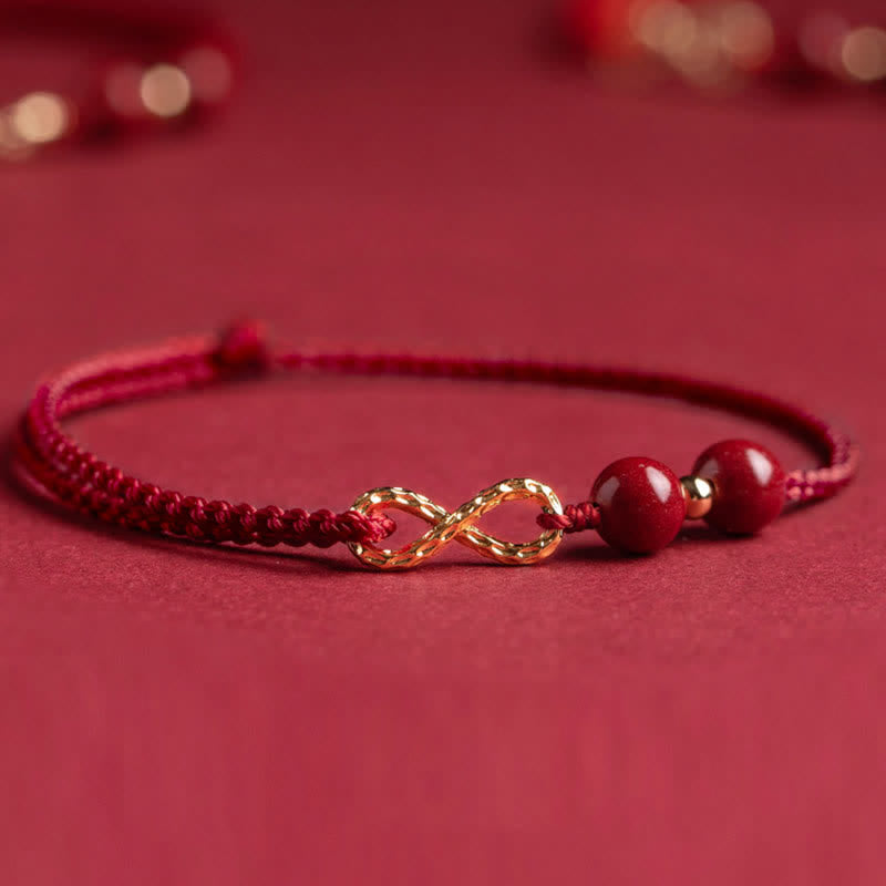 Karma Stone Cinnabar Blessing Red String 14K Gold Infinity Symbol Bracelet Anklet