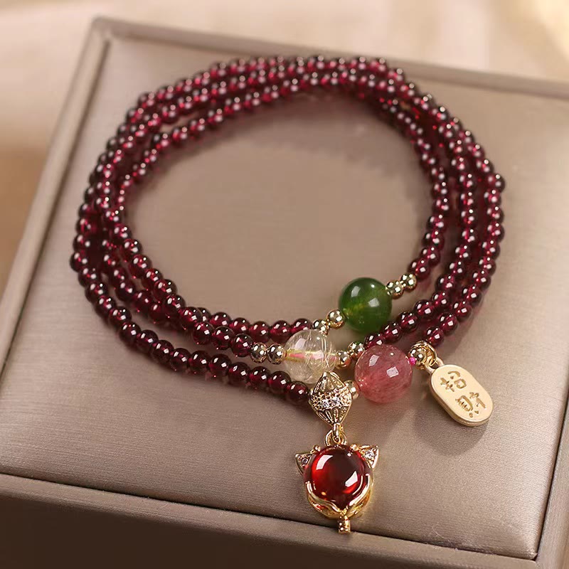 Karma Stone Natural Garnet Strawberry Quartz Crystal Fox Koi Fish Peace Buckle Fortune Protection Triple Wrap Bracelet