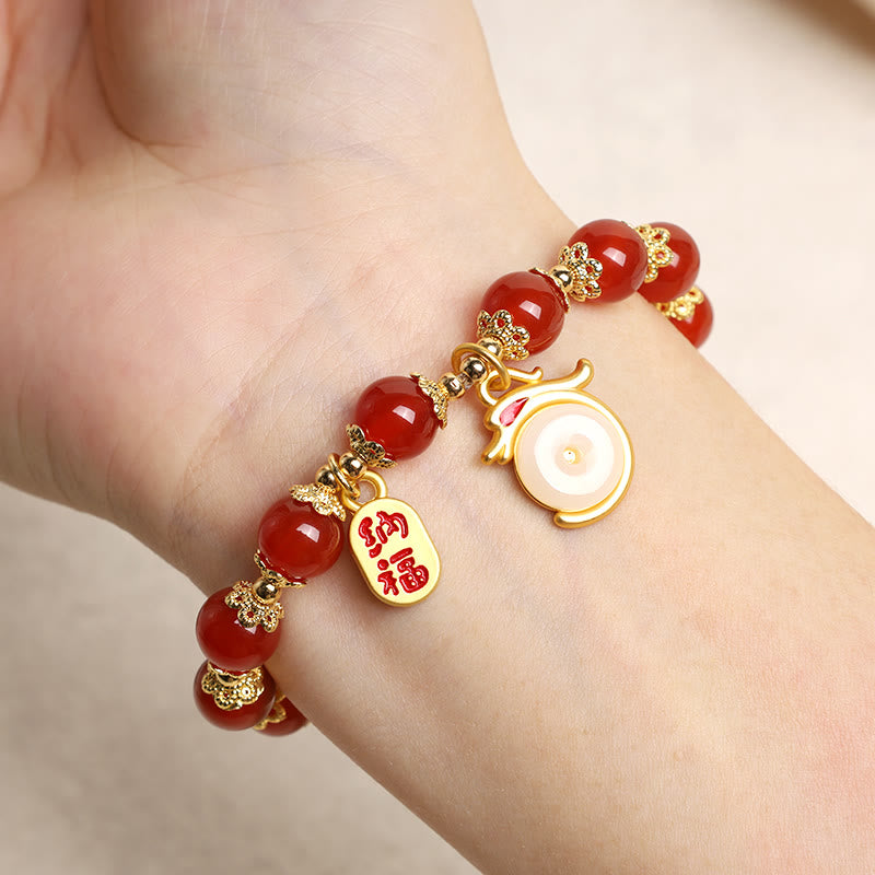 Karma Stone Year of the Dragon Red Agate Green Aventurine Peace Buckle Fu Character Lucky Fortune Bracelet