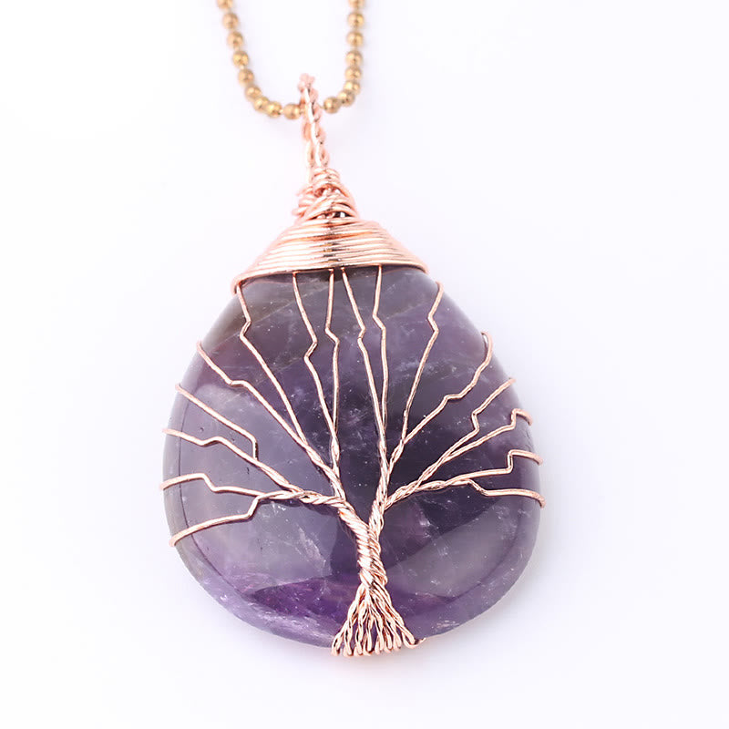 Karma Stone Natural Quartz Crystal Tree Of Life Healing Energy Necklace Pendant