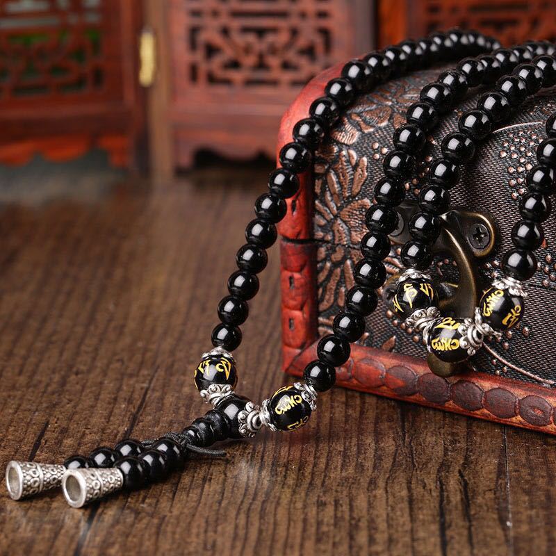 Karma Stone Black Obsidian Six True Words Protection Mala Bracelet