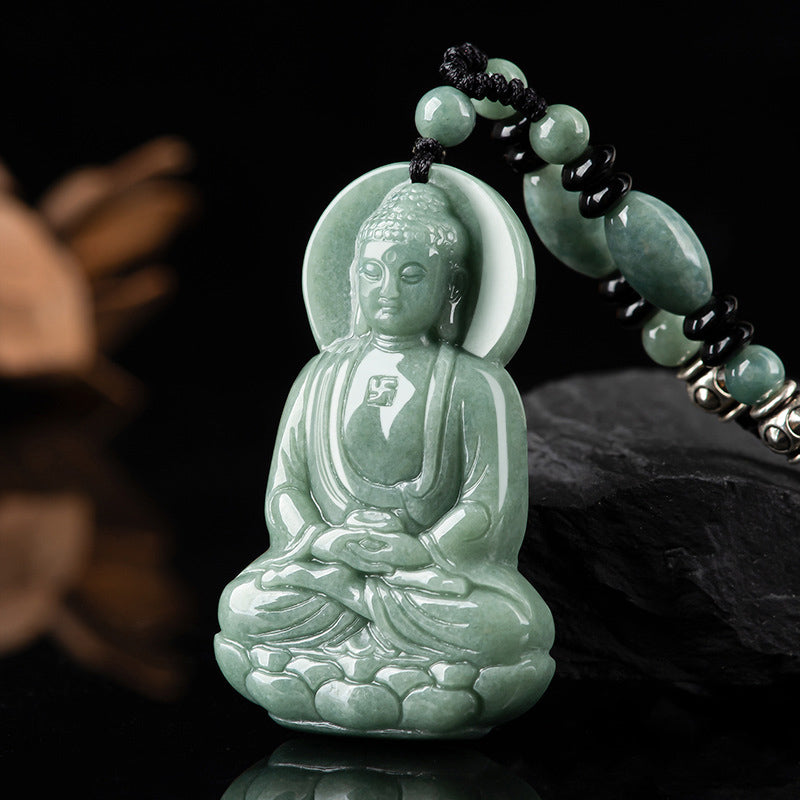 Karma Stone Amitabha Buddha Jade Amulet Compassion String Necklace