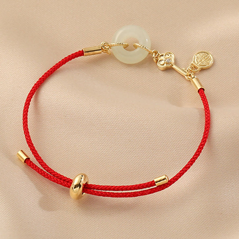 Karma Stone 18K Gold Plated Hetian Jade Peace Buckle Fu Character Luck Red Rope Bracelet