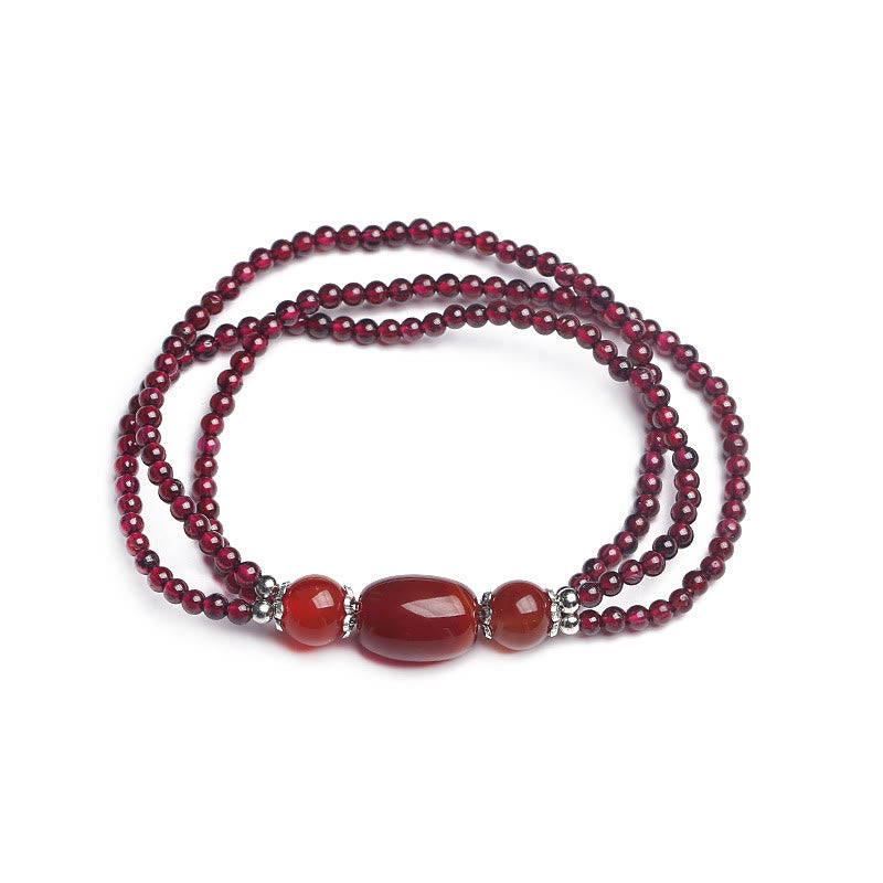 Karma Stone Natural Garnet Red Agate Protection Triple Layer Bracelet
