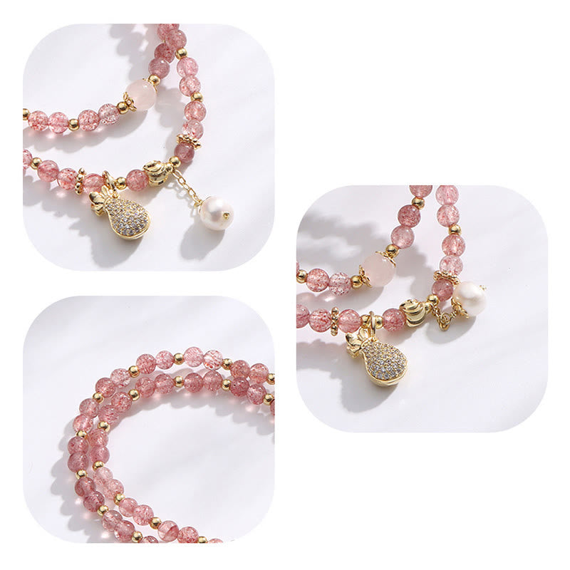 Karma Stone Strawberry Quartz Money Bag Positive Charm Double Wrap Bracelet