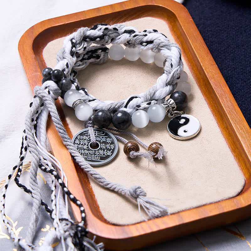 Karma Stone Black Glitter Stone Cat's Eye Yin Yang Mountain Ghost God of Wealth Energy Double Rope Protection Bracelets