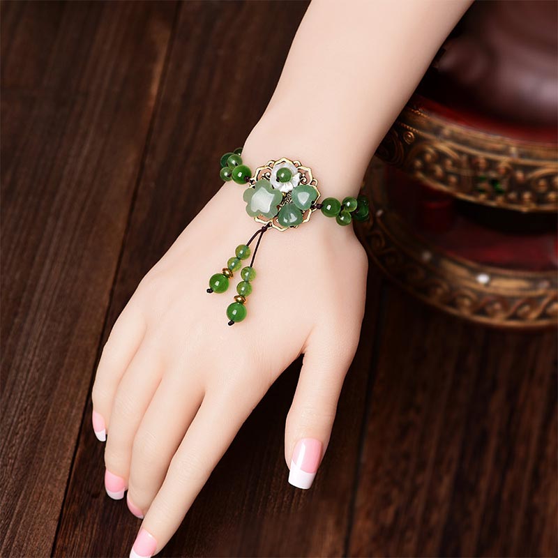 Karma Stone Natural Green Jade Luck Dangling Flower Bracelet
