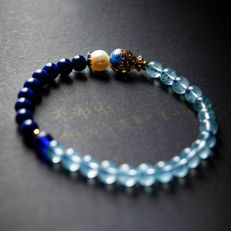 Karma Stone Natural Aquamarine Lazurite Fish Healing Bracelet