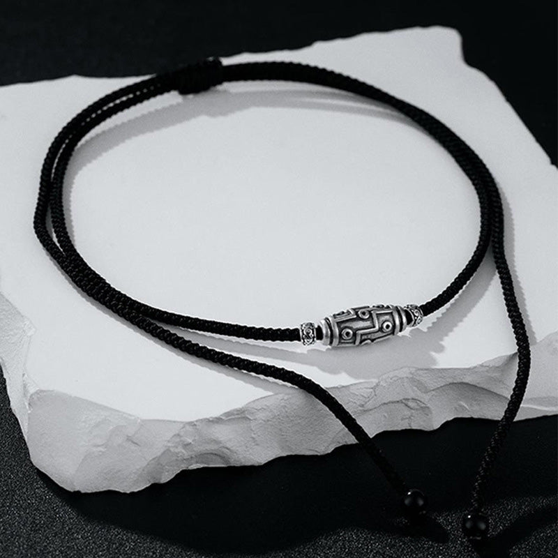 Karma Stone 999 Sterling Silver Nine-Eye Dzi Bead Pattern Protection Rope Necklace Pendant
