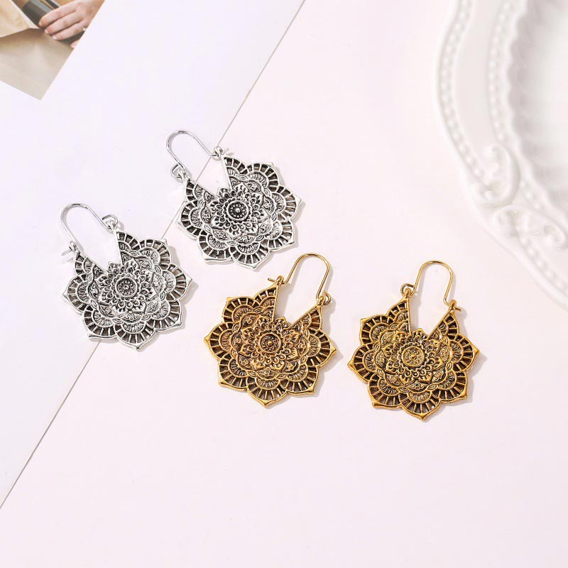 Karma Stone Tibetan Lotus Engraving Copper Blessing Drop Earrings