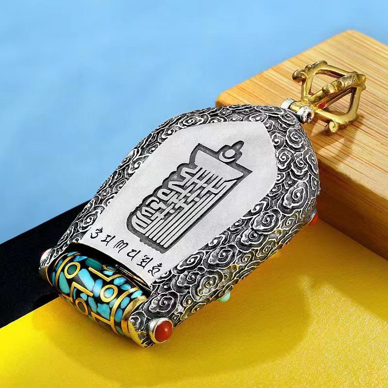 Karma Stone Tibet Chinese Zodiac Natal Buddha Thangka Prosperity Rotatable Dzi Bead Necklace Pendant