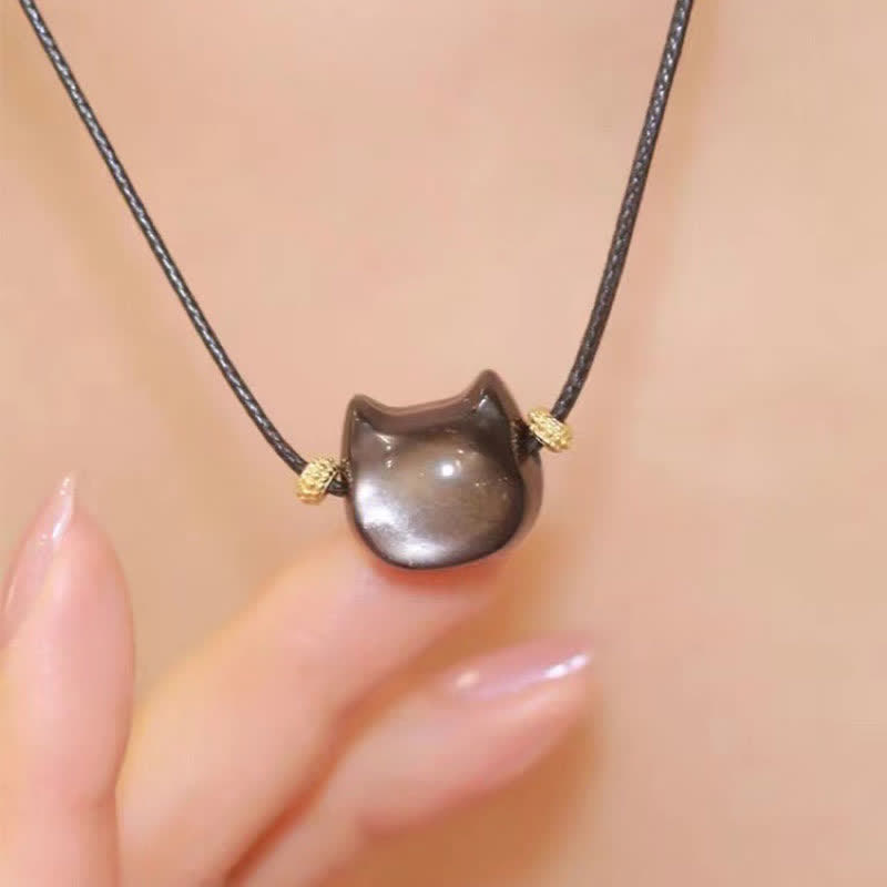 Karma Stone Gold Sheen Obsidian Silver Sheen Obsidian Lovely Paw Lucky Cat Protection Bracelet